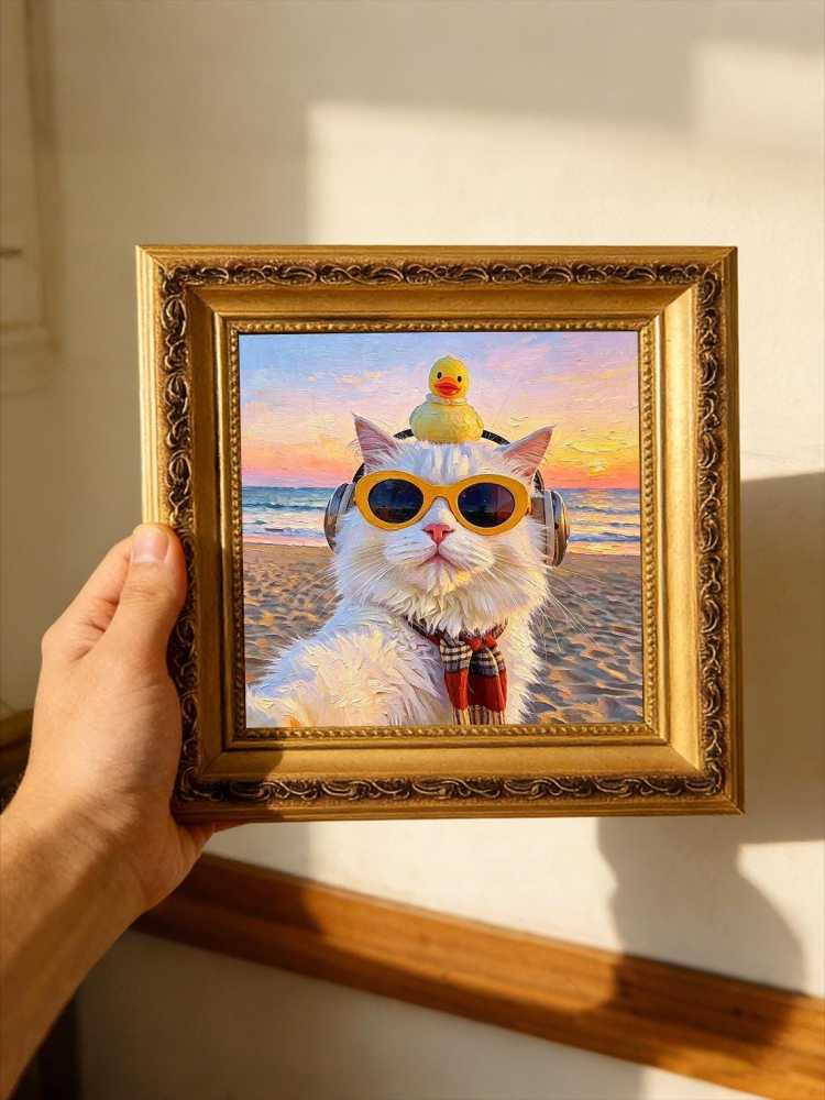 Cool White Fluffy Cat Yellow Sunglasses Headphones Rubber Duck Beach Sunset Oil Painting Funny Wall Print