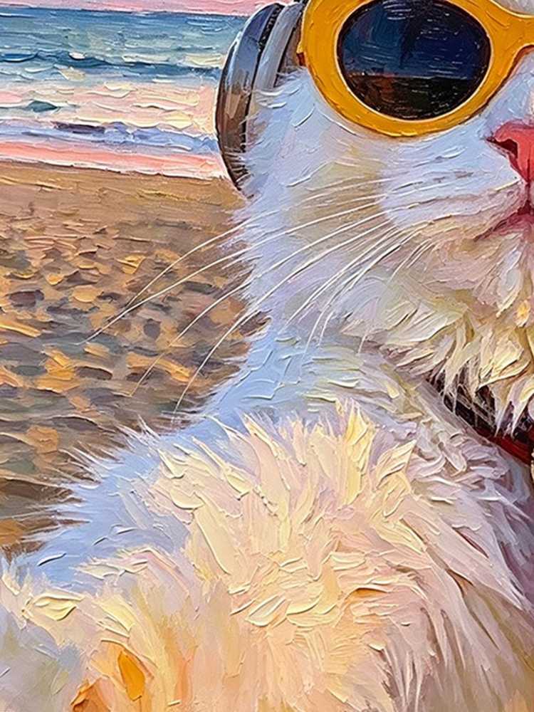 Cool White Fluffy Cat Yellow Sunglasses Headphones Rubber Duck Beach Sunset Oil Painting Funny Wall Print