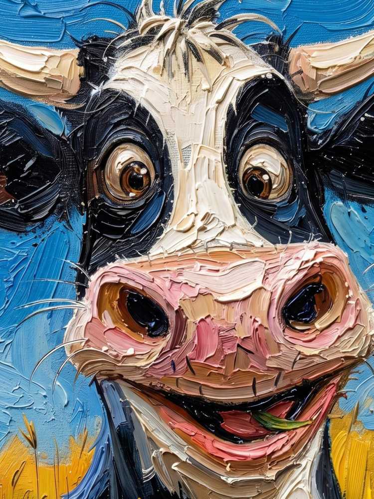 Oil Painting Cow Portrait Framed Happy Smiling Cow Retro Solid Wood Frame Mini Desk Wall Decor Animal Lover Gift