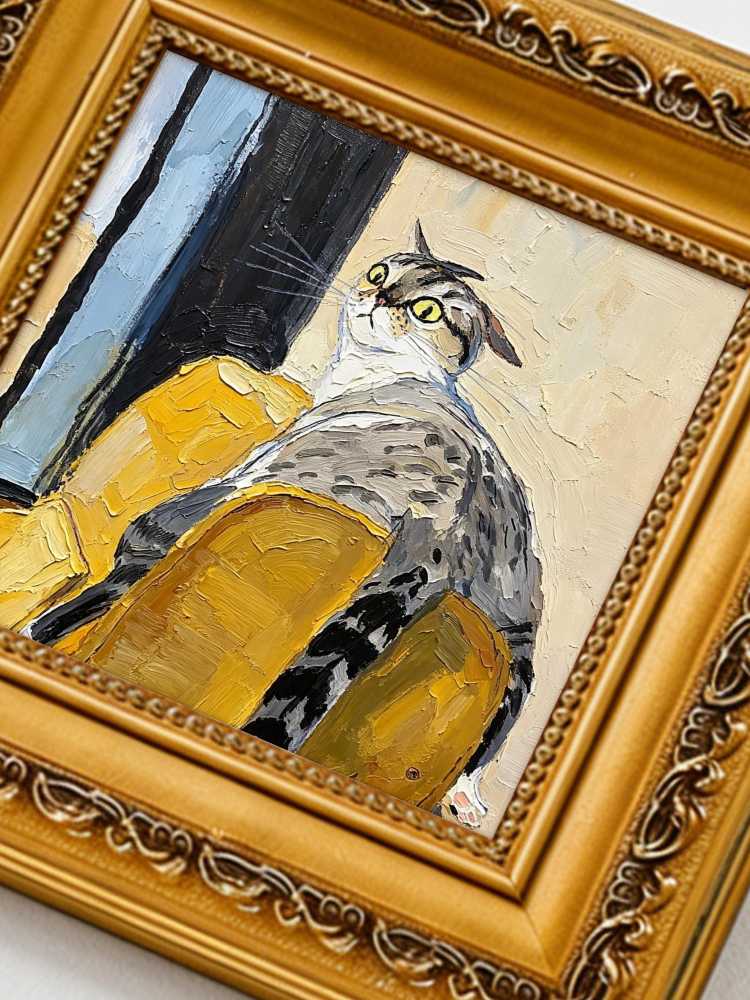 Oil Painting Tabby Cat Portrait Framed Curious Cat on Yellow Chair Impasto Solid Wood Frame Mini Desk Wall Decor Gift