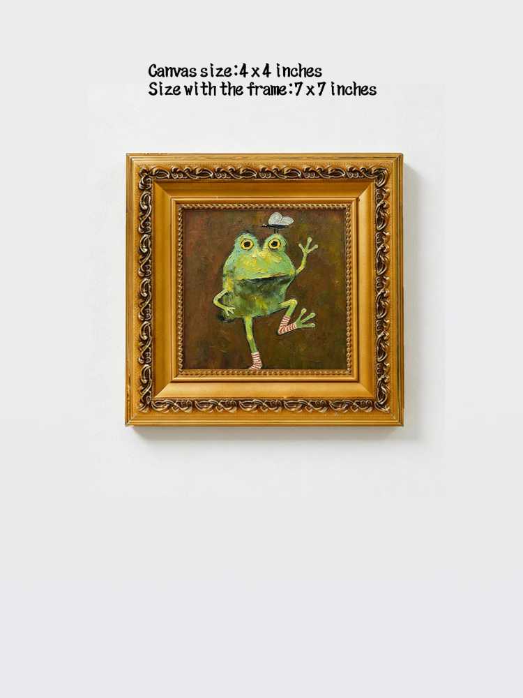 Impasto Frog Painting Framed Whimsical Frog with Striped Socks Retro Solid Wood Gold Frame Mini Desk Wall Decor Gift