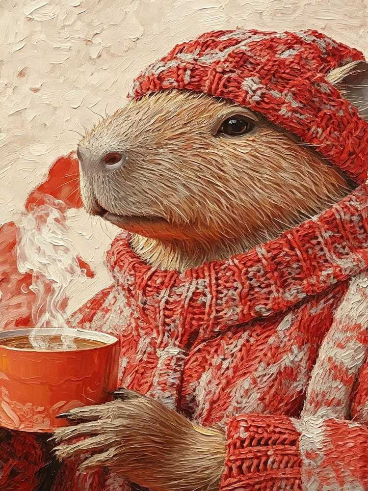 Cozy Capybara Red Knit Sweater Hat Hot Coffee Autumn Fall Oil Painting Print Warm Wall Decor