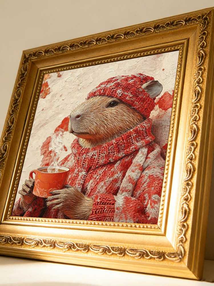 Cozy Capybara Red Knit Sweater Hat Hot Coffee Autumn Fall Oil Painting Print Warm Wall Decor