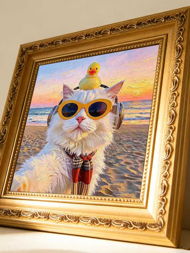Cool White Fluffy Cat Yellow Sunglasses Headphones Rubber Duck Beach Sunset Oil Painting Funny Wall Print
