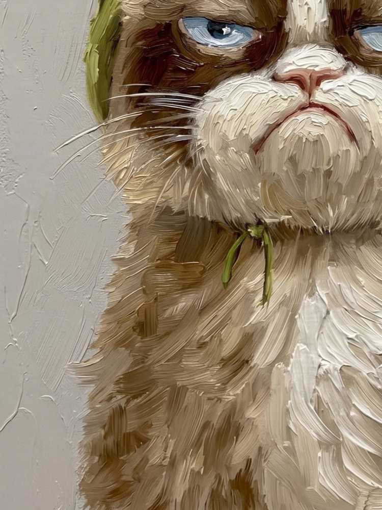 Oil Painting Cat Portrait Framed Grumpy Frog Hat Cat Retro Solid Wood Frame Mini Desk Wall Decor Animal Lover Gift
