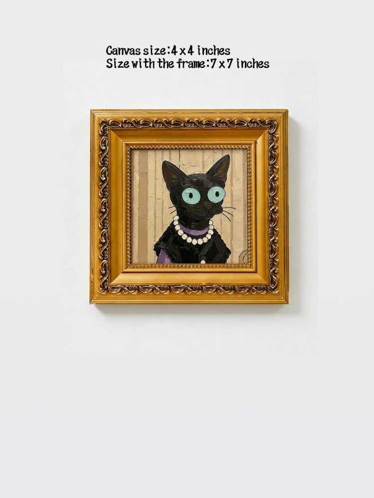 Oil Painting Black Cat Portrait Framed Elegant Lady Pearl Necklace Impasto Solid Wood Frame Mini Desk Wall Decor Gift