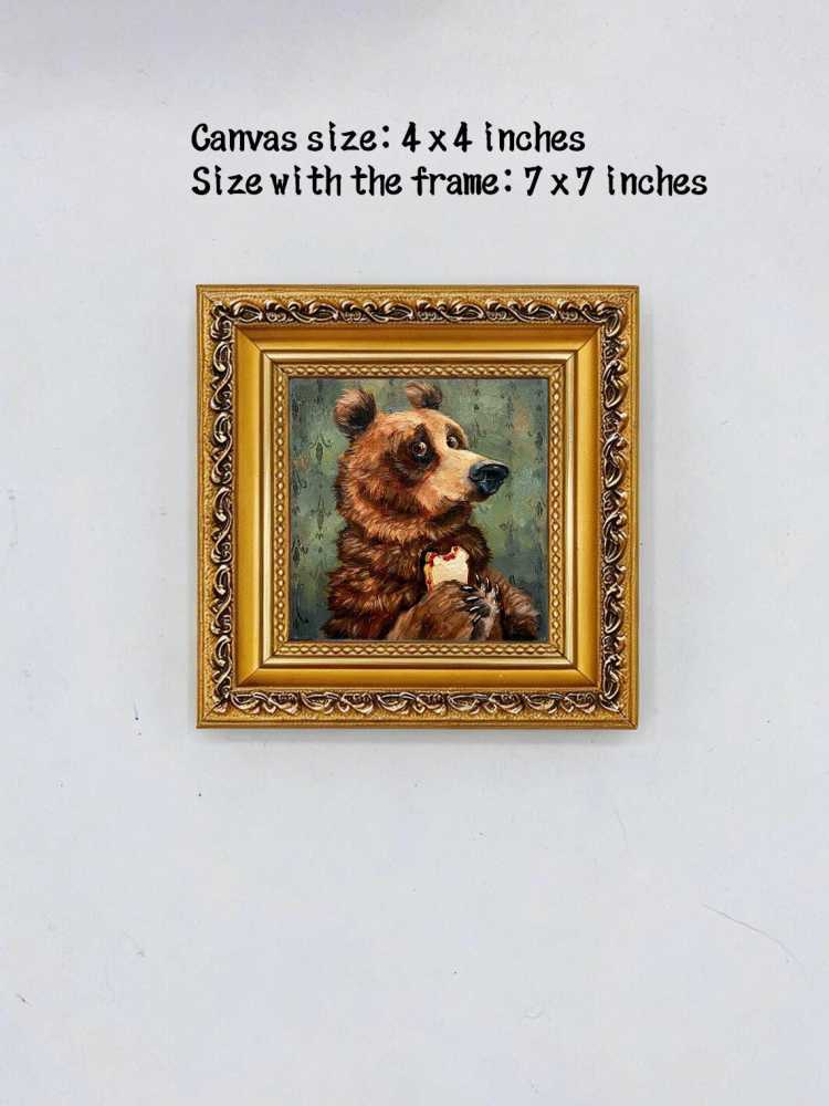 Oil Painting Bear Portrait Framed Cake Eating Bear Retro Solid Wood Frame Mini Desk Wall Decor Animal Lover Gift