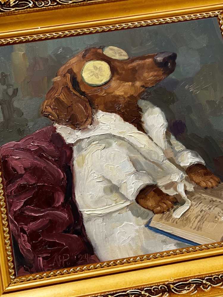 Oil Painting Dog Portrait Framed Spa Dachshund Cucumber Robe Reading Book Retro Solid Wood Frame Mini Desk Wall Decor Gift
