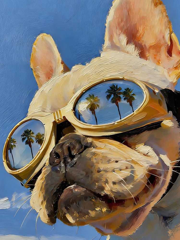Hand-painted Oil Painting, Original Impasto Art, Framed Wall Decor, Cool French Bulldog in Gold Sunglasses