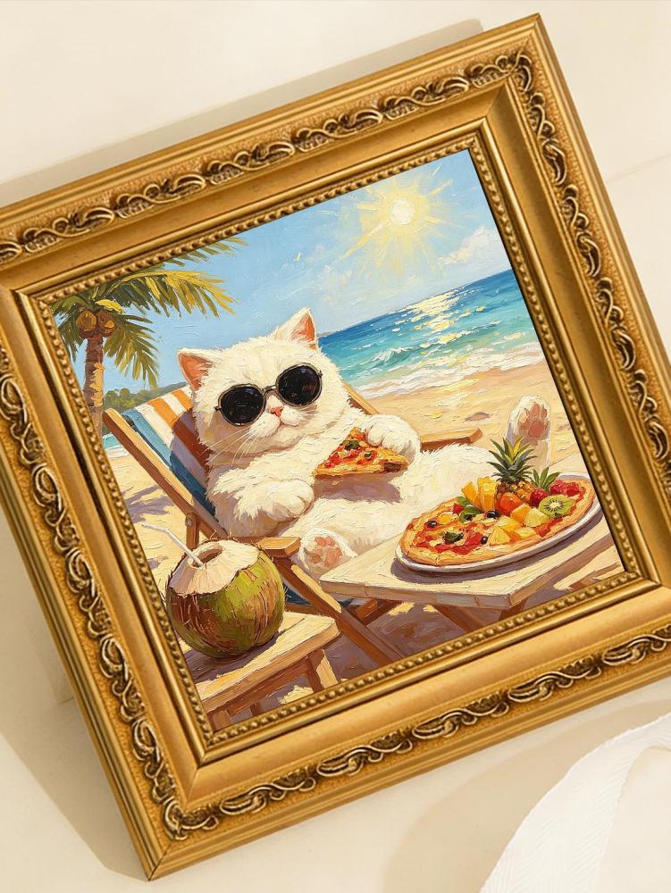 Chubby White Cat Sunglasses Beach Chair Pizza Coconut Tropical Ocean Oil Painting Funny Summer Wall Print