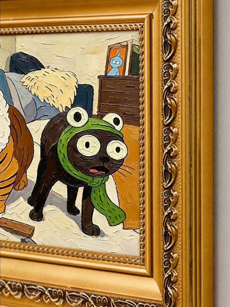 Oil Painting Cat Portrait Framed Funny Bunny &amp; Frog Hat Cats Impasto Solid Wood Frame Mini Desk Wall Decor Animal Lover Gift