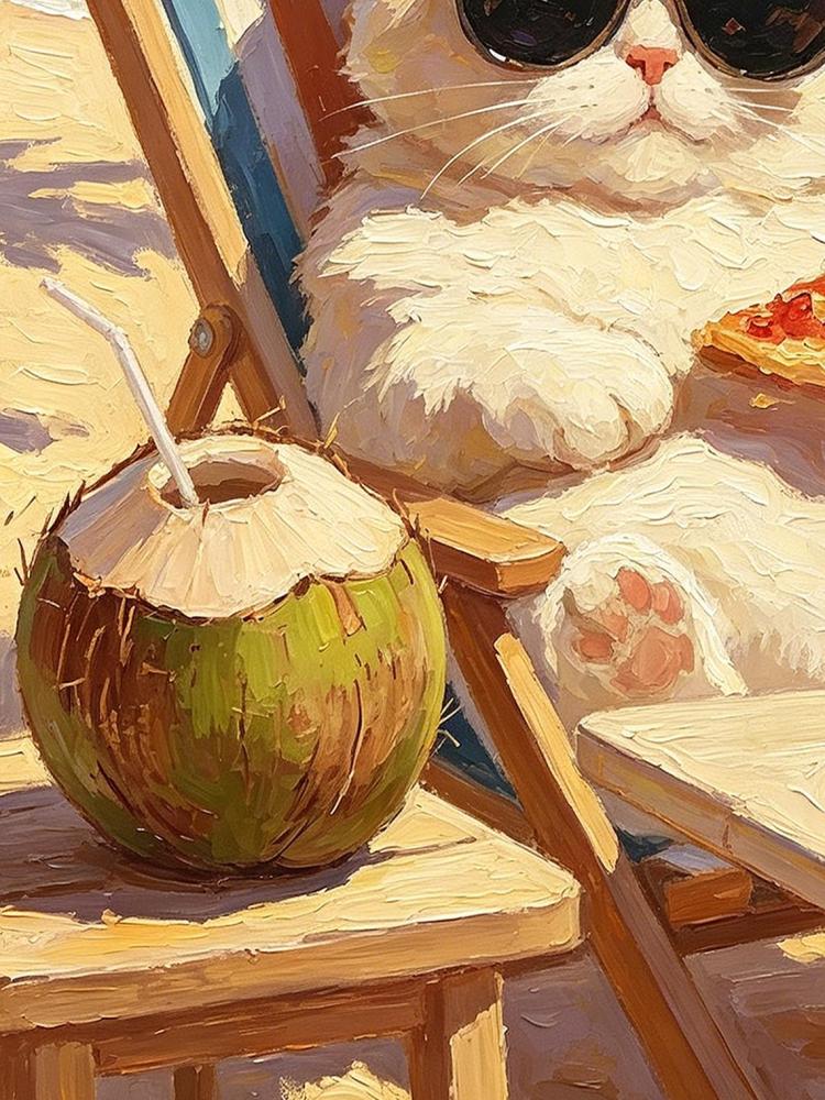 Chubby White Cat Sunglasses Beach Chair Pizza Coconut Tropical Ocean Oil Painting Funny Summer Wall Print