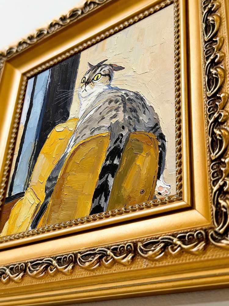 Oil Painting Tabby Cat Portrait Framed Curious Cat on Yellow Chair Impasto Solid Wood Frame Mini Desk Wall Decor Gift
