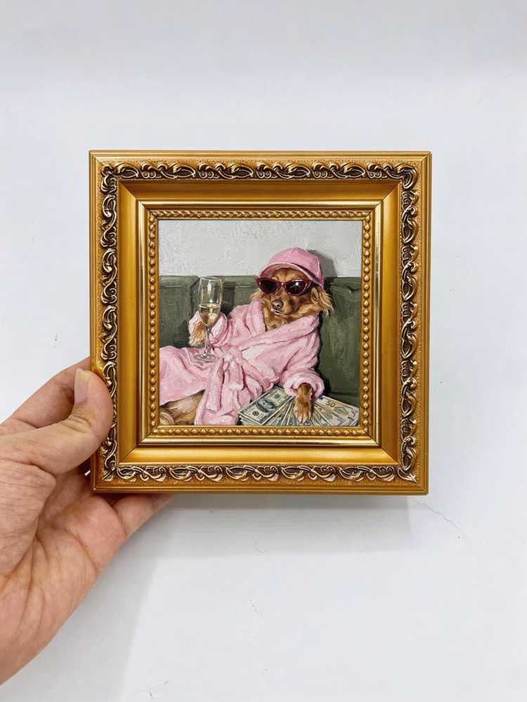 Oil Painting Dog Portrait Framed Wealthy Pup Pink Robe Sunglasses Retro Solid Wood Frame Mini Desk Wall Decor Animal Lover Gift