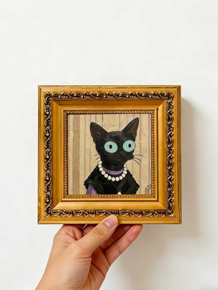 Oil Painting Black Cat Portrait Framed Elegant Lady Pearl Necklace Impasto Solid Wood Frame Mini Desk Wall Decor Gift