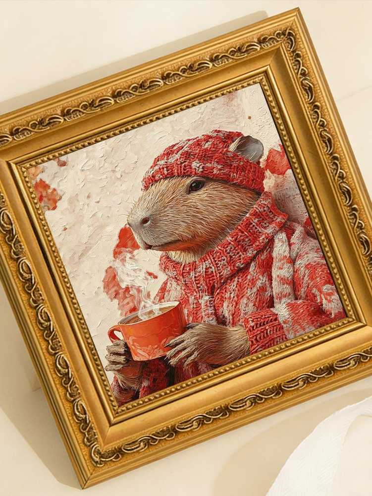 Cozy Capybara Red Knit Sweater Hat Hot Coffee Autumn Fall Oil Painting Print Warm Wall Decor