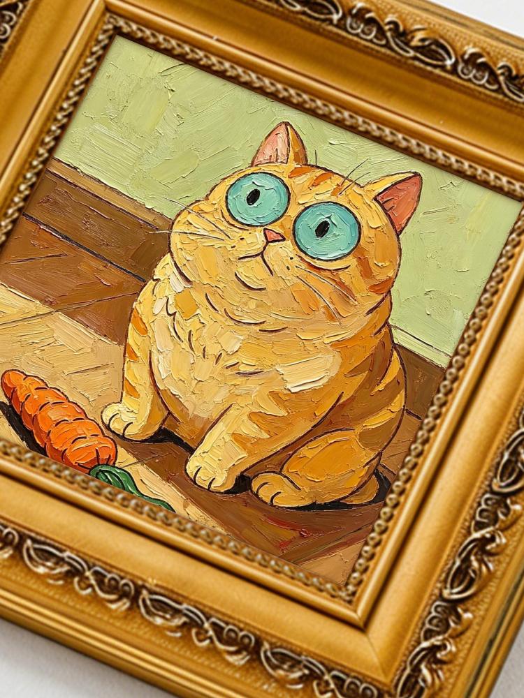 Oil Painting Orange Cat Portrait Framed Chunky Ginger Tabby with Carrot Impasto Solid Wood Frame Mini Desk Wall Decor Gift