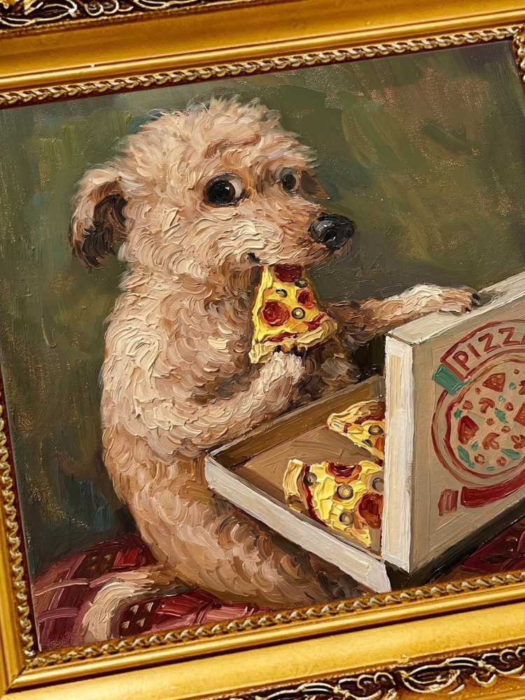 Oil Painting Dog Portrait Framed Pizza Eating Pup Retro Solid Wood Frame Mini Desk Wall Decor Animal Lover Gift