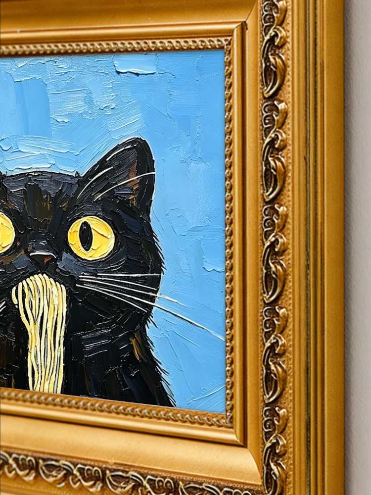 Oil Painting Black Cat Portrait Framed Spaghetti Noodle Cat Impasto Solid Wood Frame Mini Desk Wall Decor Animal Lover Gift