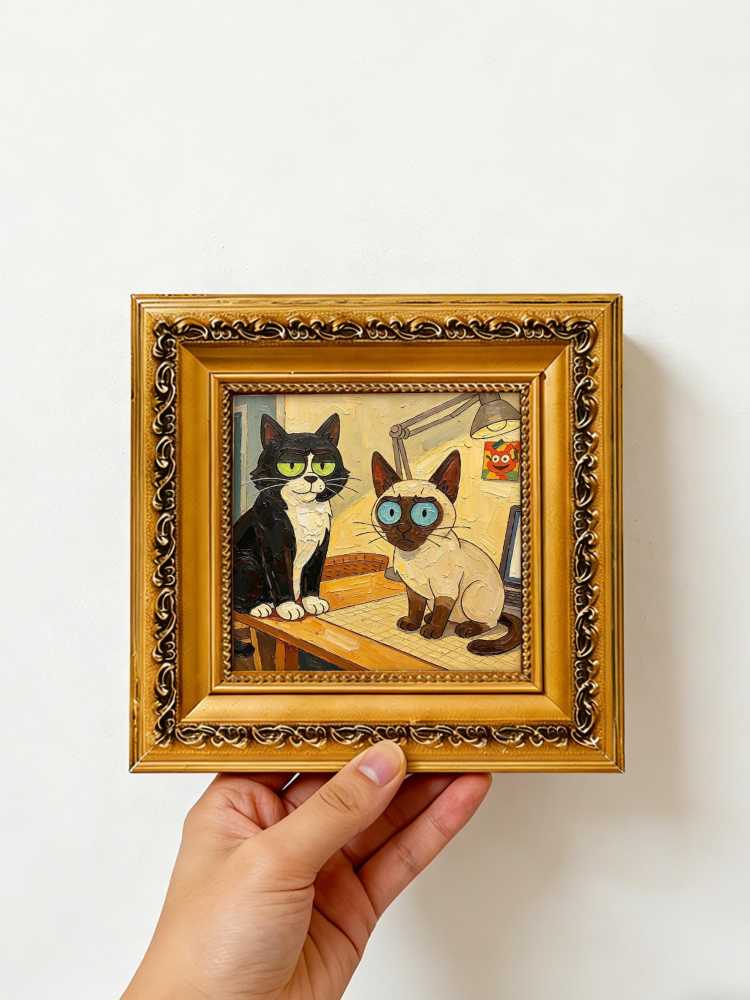 Oil Painting Animal Portrait Framed Whimsical Retro Solid Wood Frame Mini Desk Wall Decor Pet Lover Gift