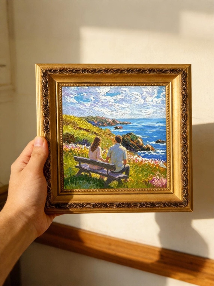 Couple on Bench Coastal Wildflower Cliff Ocean Impressionist Oil Painting Print Romantic Seascape Wall Art