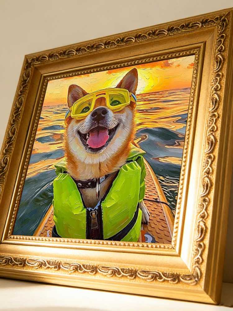 Happy Shiba Inu Dog Yellow Swim Goggles Life Jacket Sunset Ocean Oil Painting Summer Surf Wall Print