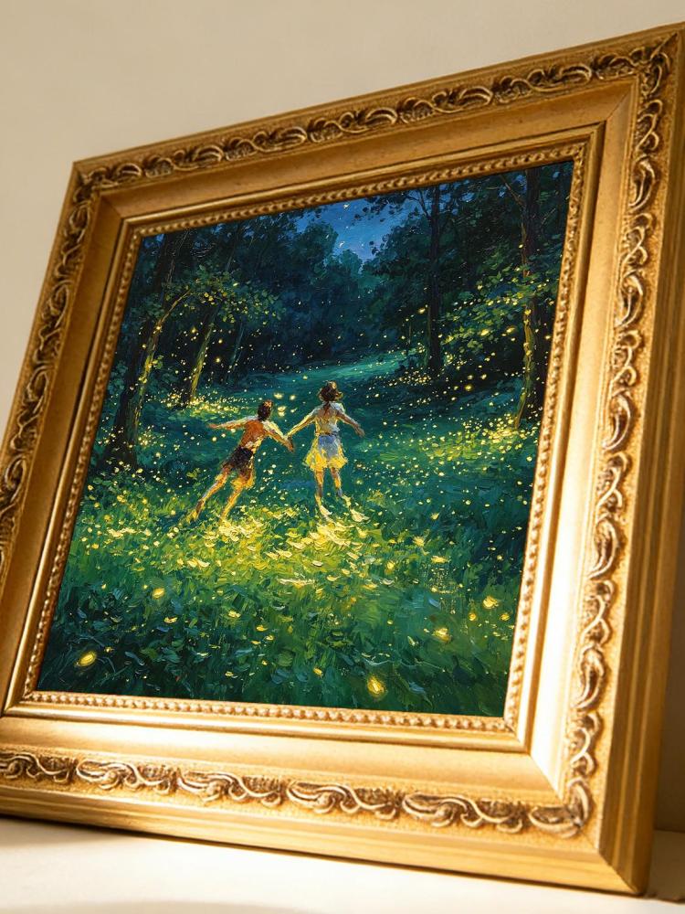 Couple Running Firefly Night Forest Impressionist Oil Painting Print, Magical Romantic Woodland Wall Art Decor