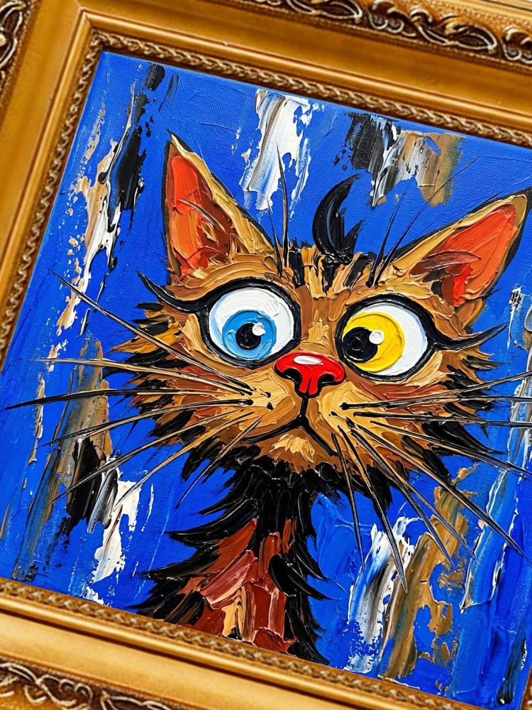 Oil Painting Cat Portrait Framed Big Eyes Heterochromia Retro Solid Wood Frame Mini Desk Wall Decor Animal Lover Gift