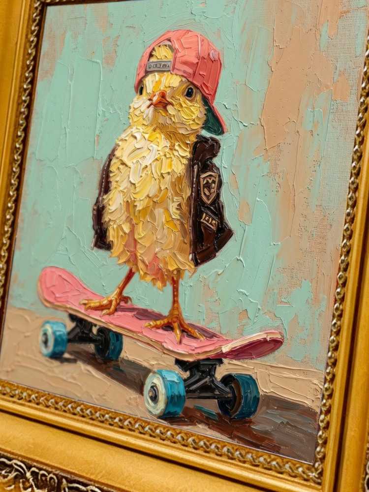 Oil Painting Chick Portrait Framed Skateboard Chick Retro Solid Wood Frame Mini Desk Wall Decor Animal Lover Gift