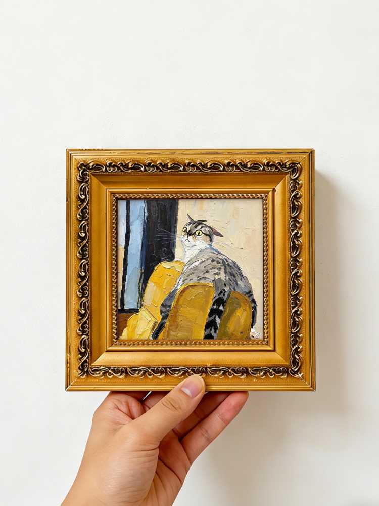 Oil Painting Tabby Cat Portrait Framed Curious Cat on Yellow Chair Impasto Solid Wood Frame Mini Desk Wall Decor Gift