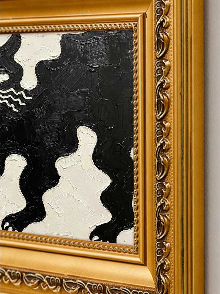 Impasto Black Cat Painting Framed Minimalist Wavy Whiskers Retro Solid Wood Gold Frame Mini Desk Wall Decor Gift