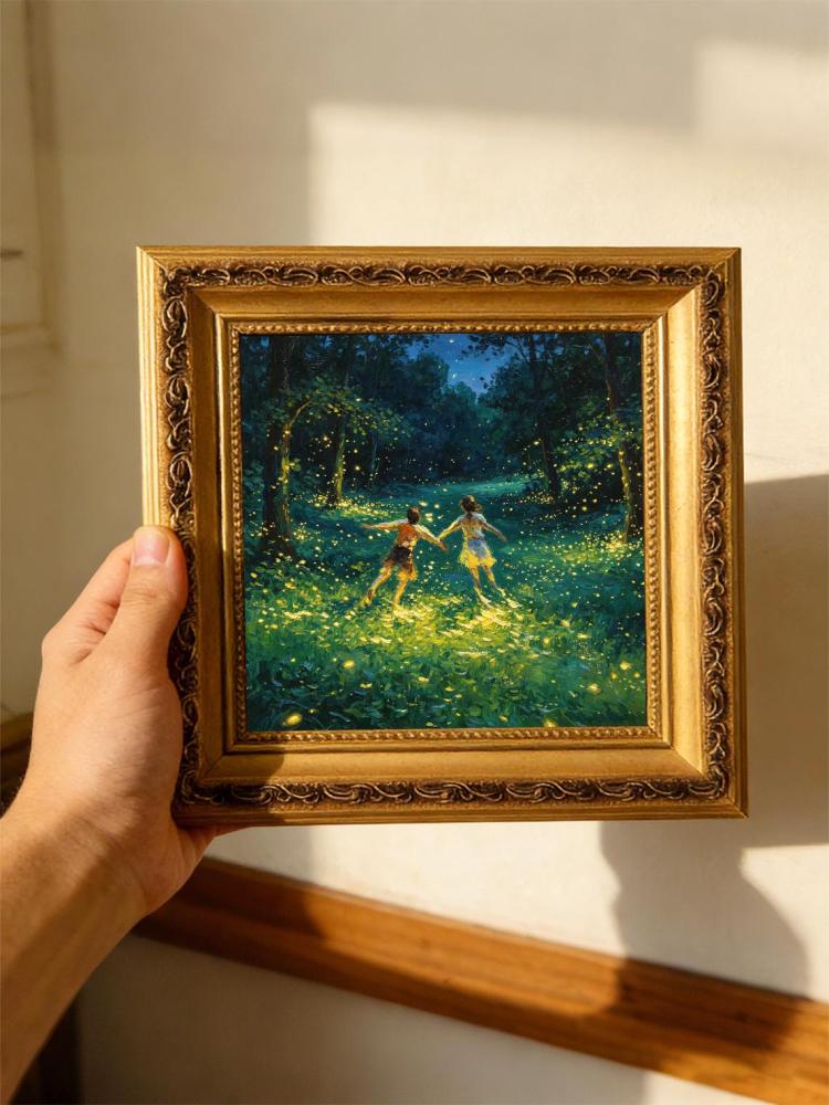 Couple Running Firefly Night Forest Impressionist Oil Painting Print, Magical Romantic Woodland Wall Art Decor