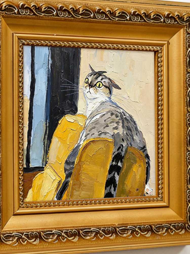 Oil Painting Tabby Cat Portrait Framed Curious Cat on Yellow Chair Impasto Solid Wood Frame Mini Desk Wall Decor Gift