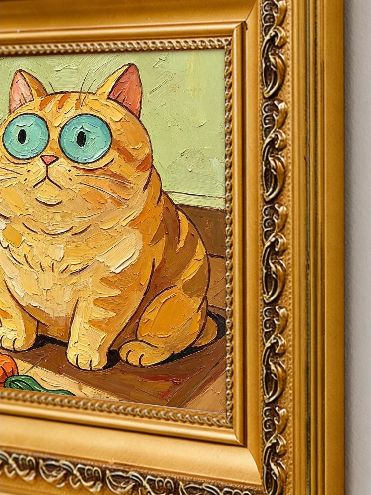 Oil Painting Orange Cat Portrait Framed Chunky Ginger Tabby with Carrot Impasto Solid Wood Frame Mini Desk Wall Decor Gift