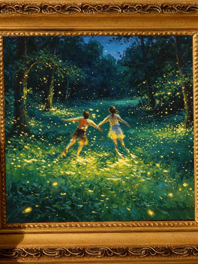 Couple Running Firefly Night Forest Impressionist Oil Painting Print, Magical Romantic Woodland Wall Art Decor