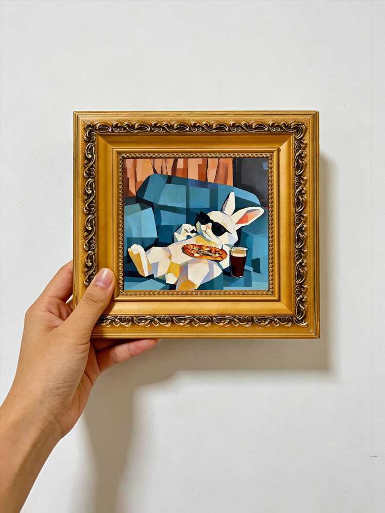 Hand-painted Oil Painting, Cubist Rabbit Art, Framed Wall Decor, Cool Bunny with Sunglasses &amp; Pizza