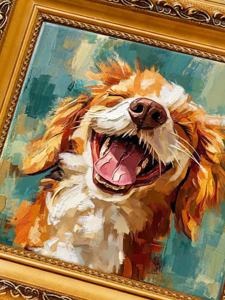 Oil Painting Dog Portrait Framed Laughing Happy Golden Retriever Impasto Solid Wood Frame Mini Desk Wall Decor Animal Lover Gift