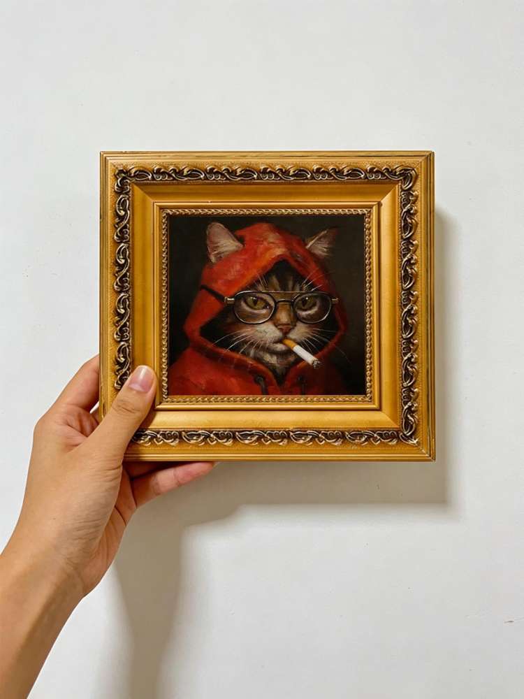 Original Hand Painted Smoking Cat Oil Painting, Gold Framed Art, Cool Cat Lover Gift, Whimsical Wall Decor