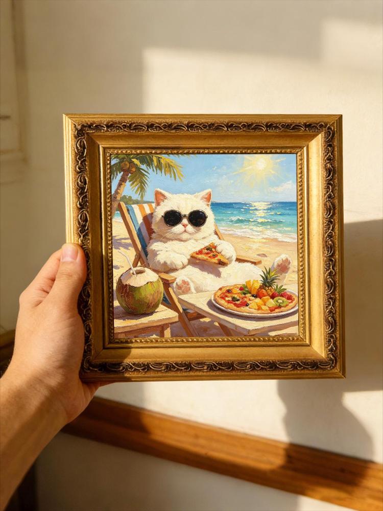 Chubby White Cat Sunglasses Beach Chair Pizza Coconut Tropical Ocean Oil Painting Funny Summer Wall Print