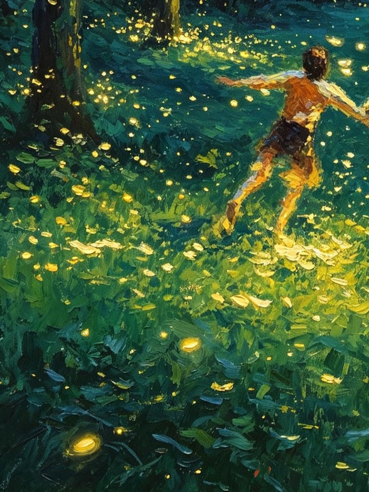 Couple Running Firefly Night Forest Impressionist Oil Painting Print, Magical Romantic Woodland Wall Art Decor