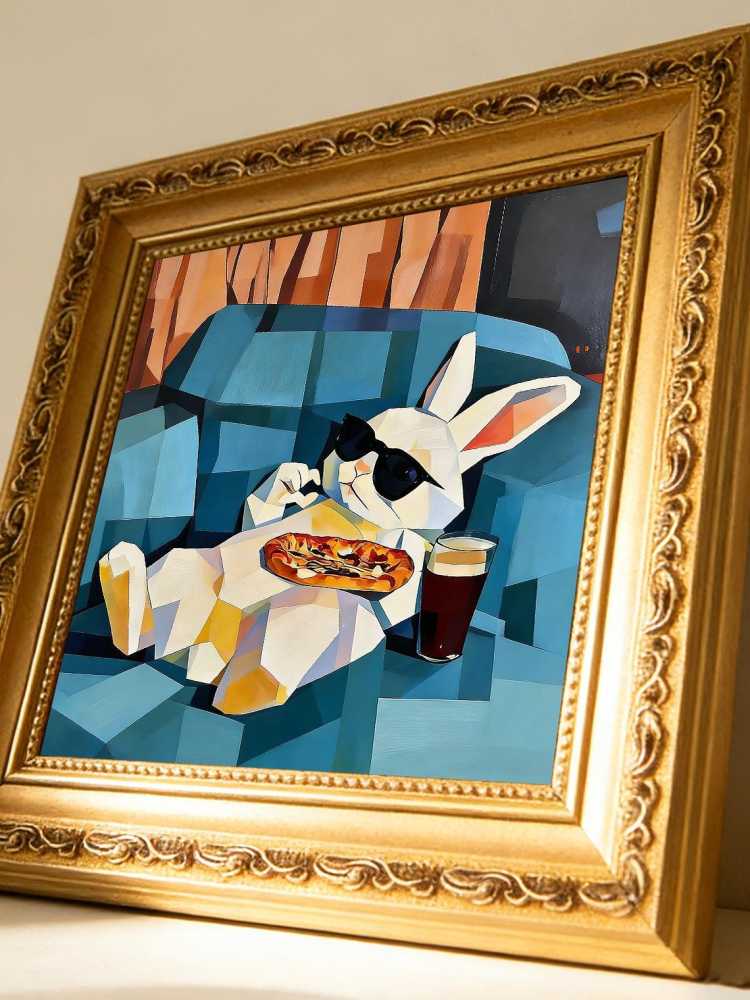 Hand-painted Oil Painting, Cubist Rabbit Art, Framed Wall Decor, Cool Bunny with Sunglasses &amp; Pizza