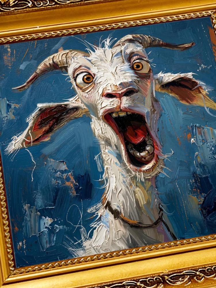 Oil Painting Goat Portrait Framed Shocked Surprised Goat Retro Solid Wood Frame Mini Desk Wall Decor Animal Lover Gift
