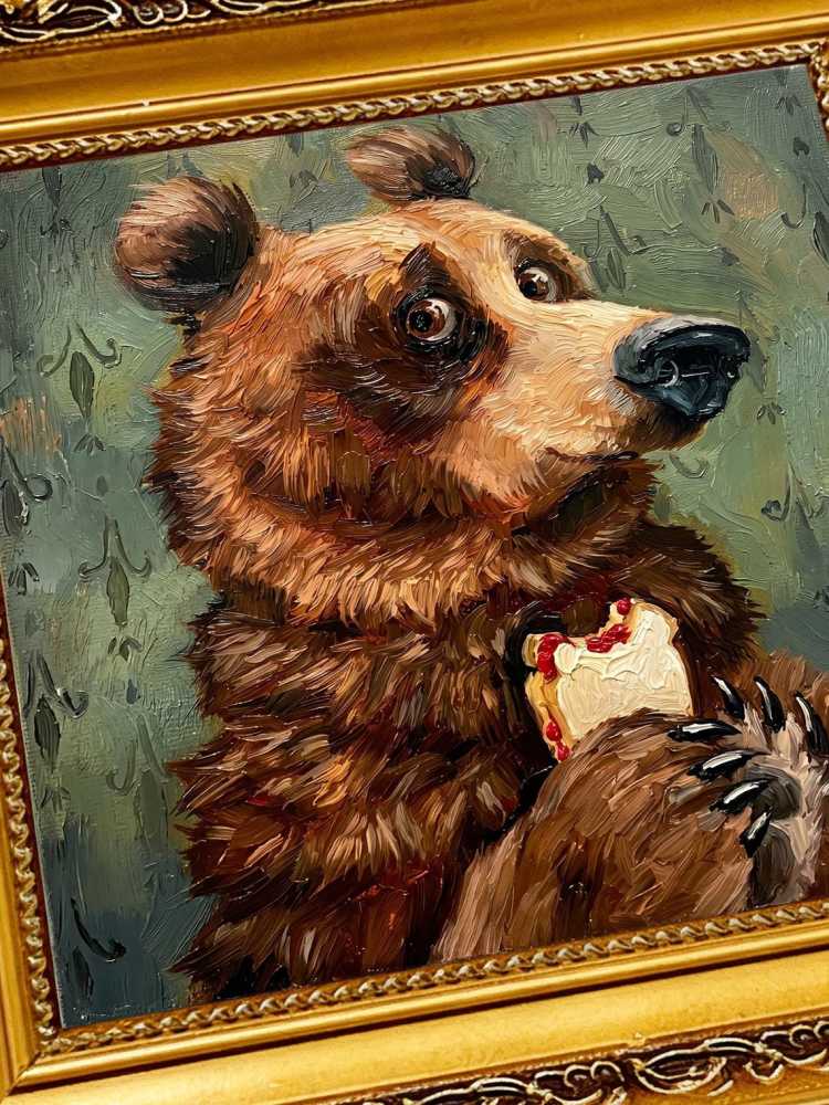 Oil Painting Bear Portrait Framed Cake Eating Bear Retro Solid Wood Frame Mini Desk Wall Decor Animal Lover Gift
