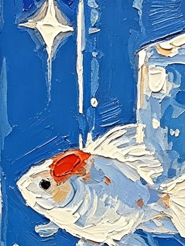 Impasto Goldfish Oil Painting Starry Ocean Scene Framed Solid Wood Ornate Gold Frame Mini Desk Wall Decor Unique Gift