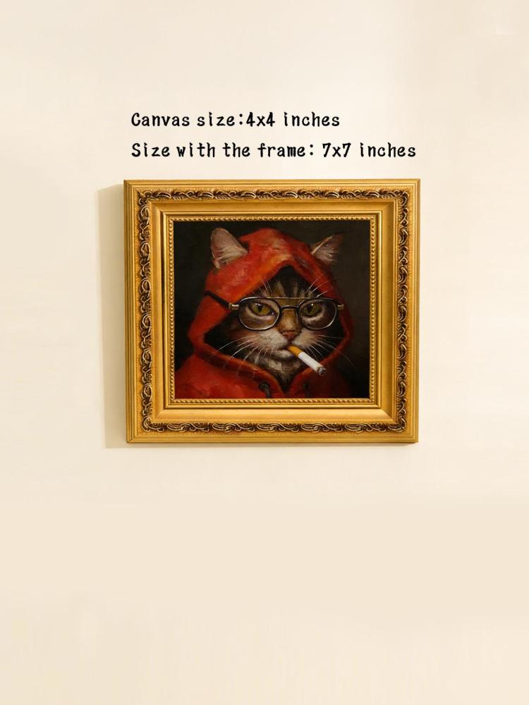 Original Hand Painted Smoking Cat Oil Painting, Gold Framed Art, Cool Cat Lover Gift, Whimsical Wall Decor