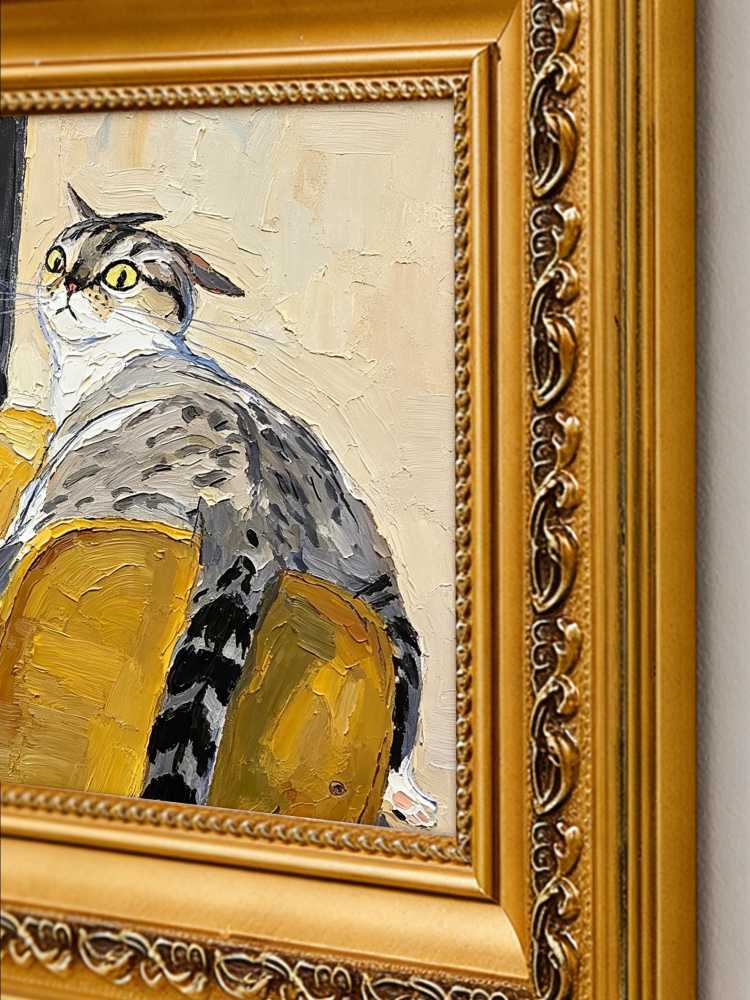 Oil Painting Tabby Cat Portrait Framed Curious Cat on Yellow Chair Impasto Solid Wood Frame Mini Desk Wall Decor Gift