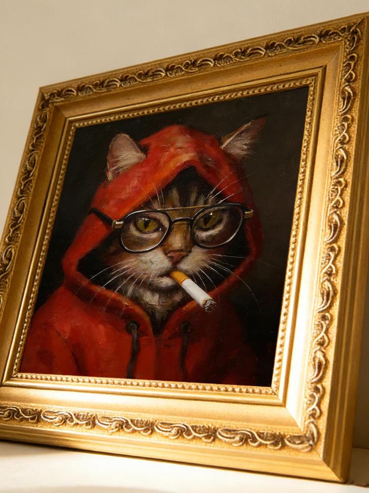 Original Hand Painted Smoking Cat Oil Painting, Gold Framed Art, Cool Cat Lover Gift, Whimsical Wall Decor