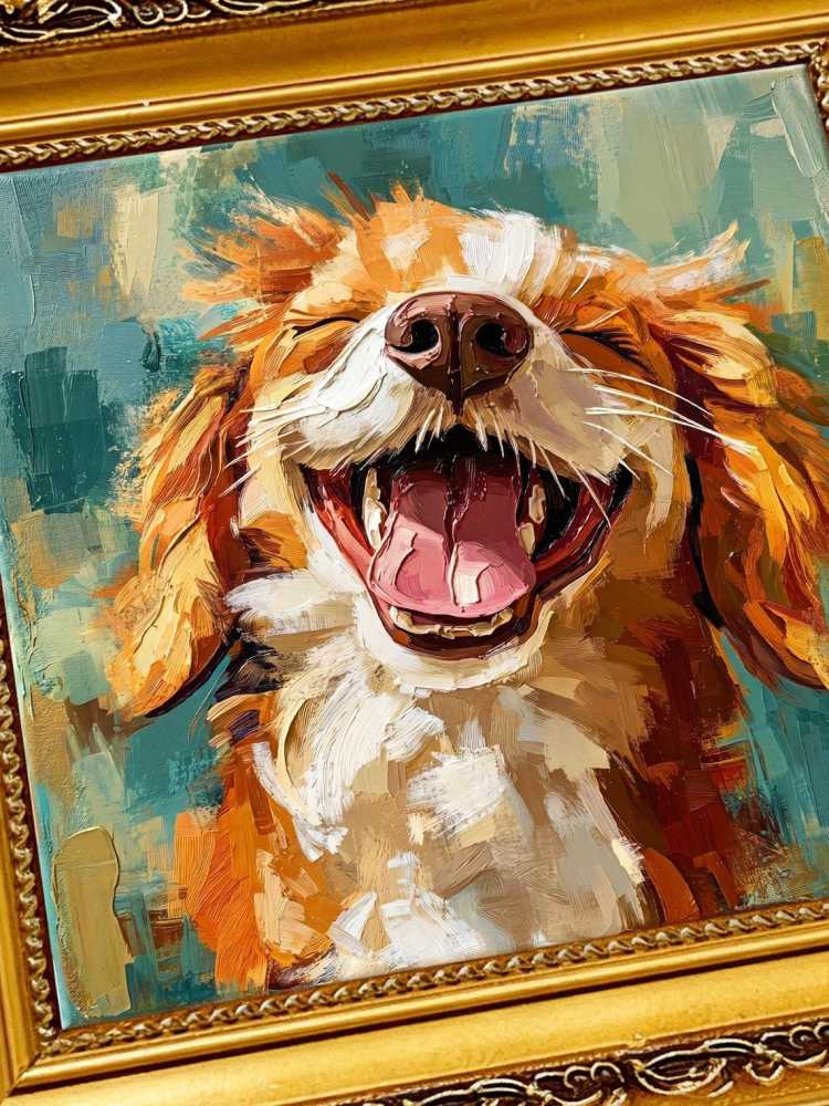 Oil Painting Dog Portrait Framed Laughing Happy Golden Retriever Impasto Solid Wood Frame Mini Desk Wall Decor Animal Lover Gift