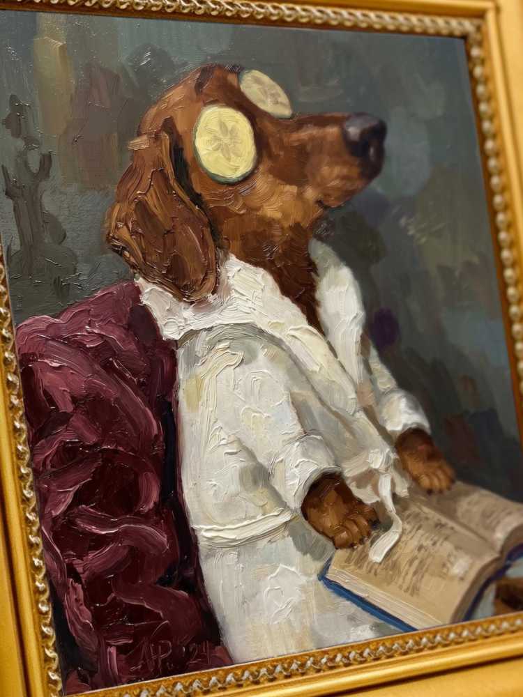 Oil Painting Dog Portrait Framed Spa Dachshund Cucumber Robe Reading Book Retro Solid Wood Frame Mini Desk Wall Decor Gift