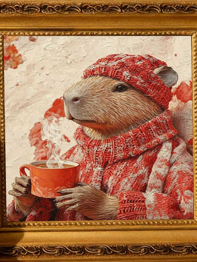 Cozy Capybara Red Knit Sweater Hat Hot Coffee Autumn Fall Oil Painting Print Warm Wall Decor